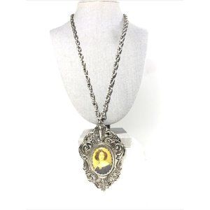 Vintage Limoges porcelain 24” Silver Tone Statement Necklace W/ Ex-Large Pendant